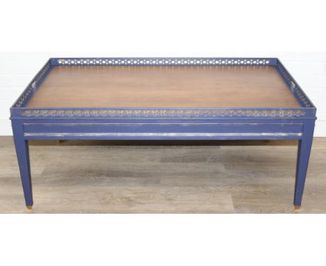 Modern Chippendale style blue &amp; gilt coffee table with pierced gallery top, 122cm x 71cm x 49cm