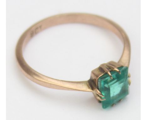 [2.05g, P] - 9ct gold ring set with a solitaire princess cut emerald, assessed as 1.27ct, the band marked 9ct and XRF confirm