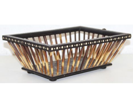 An antique Ceylonese ebony and porcupine quill with bone inlay basket, named Matura (the old name for Matara in Southern Sri 