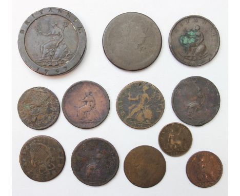Qty of assorted interesting 18th and 19th century copper coins to inc a 1797 cartwheel tuppence or two pence with good detail