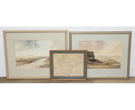 2 large watercolours of Dartmoor, Devonshire, signed K. S. Tadd, and a map of Devon parishes, all in glazed frames, largest 7