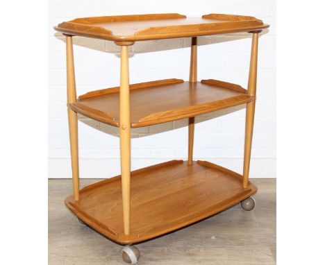 Ercol - a retro 3-tiered Ercol Windsor trolley, blonde finish, approx 71cm wide x 47cm deep x 78cm tall