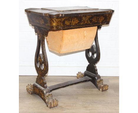 A 19th century Chinese export lacquer work table or sewing table, the top with rounded corners, decorated with chinoiserie sc