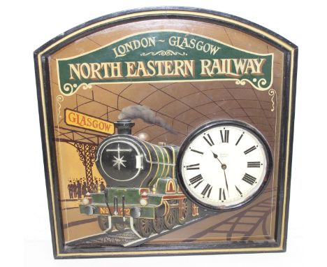 A vintage style London - Glasgow North Eastern Railway plaque set with a clock and a relief of a steam train, 60cm x 62cm