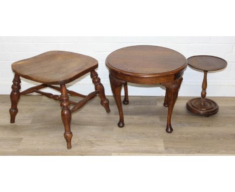 Three pieces of vintage furniture to inc a round oak table, a small round wine table and an elm stool formed from the base of