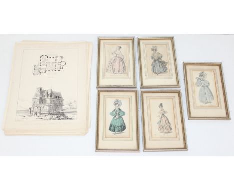 A set of 5 early 19th century prints depicting Regency period ladies fashions, from the Ladies Pocket Magazine, mainly dated 