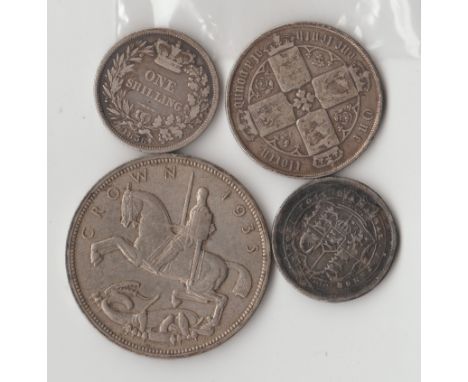 Four assorted British silver coins, to inc a 1935 Rocking Horse crown, an 1873 Gothic Florin and two silver sixpences, 1836 &