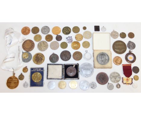 Qty of assorted medals and medallions to inc a 1995 World Figure Skating Championships gold medal, various antique and later 