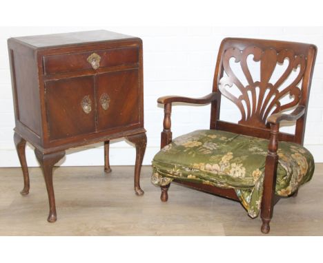 An Art Deco period low chair with decorative back and an a similar period side cabinet with drawer and cupboard, the cupboard