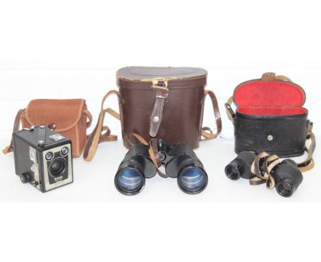 Two pairs of Binoculars to inc Prinz and Soviet made and a vintage box camera, all with cases [3]