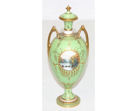 Antique Royal Crown Derby fine bone china twin-handled lidded urn-shaped vase with hand-painted water landscape scene on gree