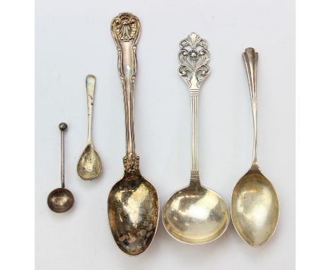 [72.45g] - five assorted silver spoons, four with English hallmarks and a retro Norwegian 830 silver spoon, the longest 14cm 