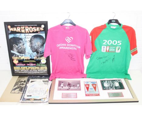 Qty of (mostly) signed sporting ephemera to incl 2 framed displays - 'War of the Roses' boxing match signed poster of Thompso