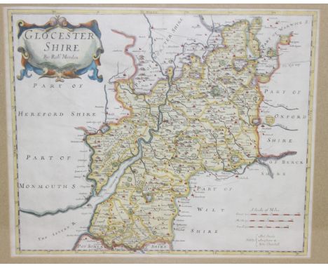 An antique hand-coloured map of Gloucestershire by Robert Morden, believed to be late 17th century, in glazed frame, 55cm x 4