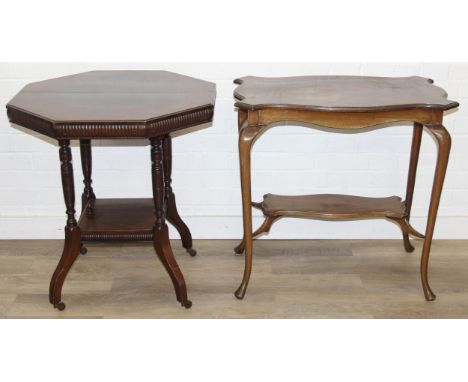 An Edwardian octagonal topped mahogany table, stamped for Joslins of Colchester under, and a further Edwardian table with She