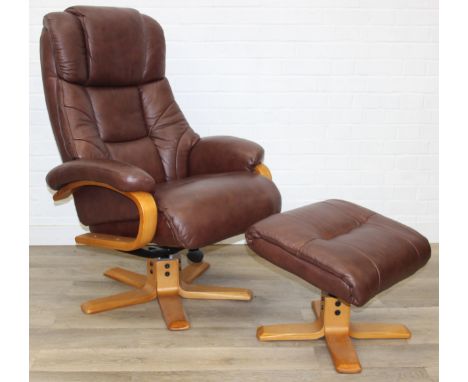 An Ekornes style brown leather reclining armchair with matching footstool, splayed base, 76cm wide x 110cm tall, one of two i