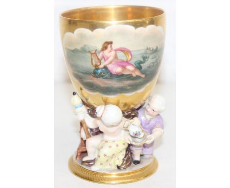 A 19th century Porcelain Figural Goblet, likely Berlin but seemingly unmarked, the ovoid bowl painted with a goddess on mythi