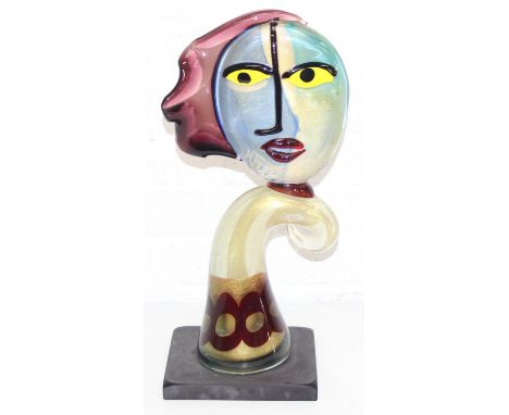 Alessandro Barbaro for Murano, a Picasso style mid-century glass head formed as a female, indistinctly signed to black slate 