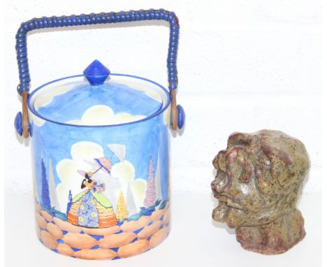 An unusual Art Deco period Carltonware biscuit barrel decorated with a Crinoline lady, woven handle and an unusual unsigned a