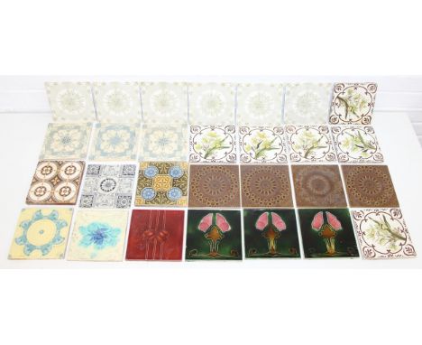 Qty of antique and later tiles, many hand painted to incl examples by Maw &amp; Co, Art Nouveau glazed tiles by T&amp;R Boote