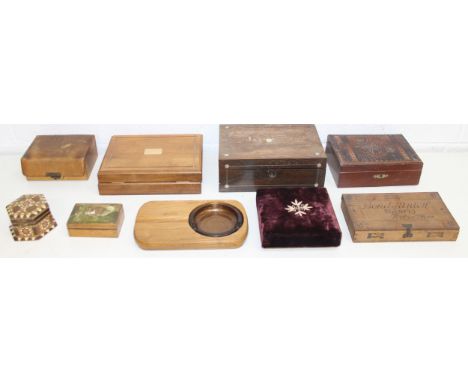 Qty of assorted vintage wooden and other boxes and an ashtray, largest 25cm x 18cm x 9cm