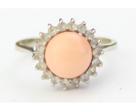 [3.54g, L] - a retro 18ct gold, diamond and coral set ring, marked 750 and XRF confirmed