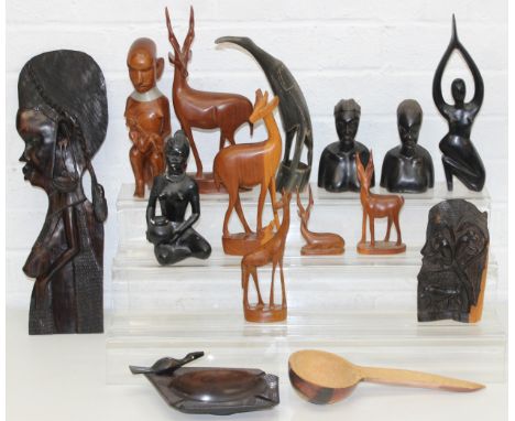 Qty of assorted African carved wooden items and a bird figurine carved from horn, tallest 47cm