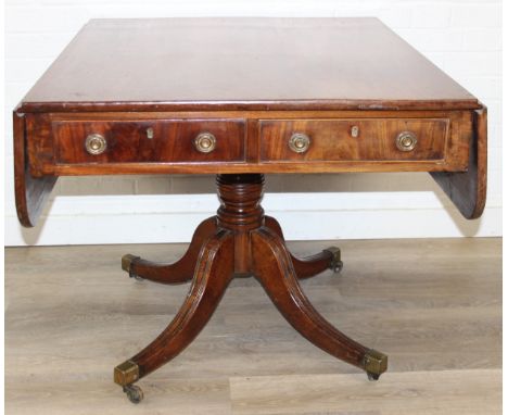 Regency period mahogany drop leaf table with pedestal, splayed base and 4 drawers, 81cm (136cm extended) x 99cm x 72cm