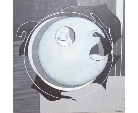 Ron Wood (Cornish, 1922-) a contemporary abstract oil on board painting in monochrome tones, signed Ron Wood lower right, mou
