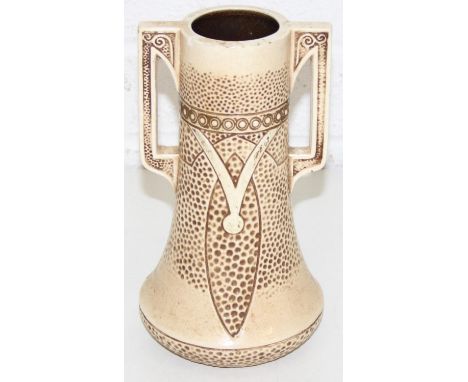 A Bretby Clanta ware ceramic twin-handle vase in cream glaze, 22cm
