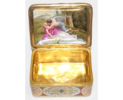 A 19th century hand painted and gilt porcelain box, possibly by Vienna, the outer lid decorated in the style of Angelica Kauf
