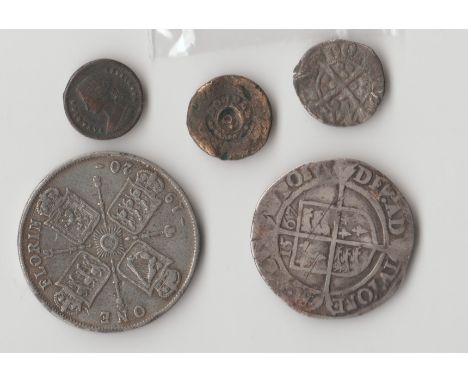 Two hammered silver coins, a 1567 Elizabeth I sixpence, Coronet Tower mint mark, 2.55g, 25mm in diameter, and a small hammere