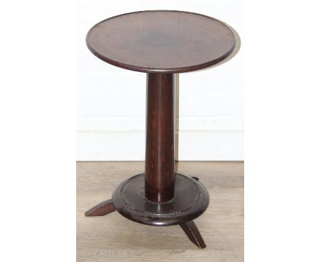 A small vintage mahogany side table or jardinière stand with rounded top and pillar support, 39cm in diameter x 54cm tall
