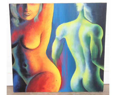 A contemporary oil on canvas painting depicting two nudes in unusual colours, unsigned and unframed, 61cm x 61cm