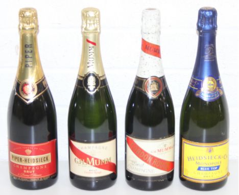 4 x 75cl bottles of Champagne to incl G. H. Mumm, Heidsieck &amp; Co Monopole Blue Top, and Piper-Heidsieck