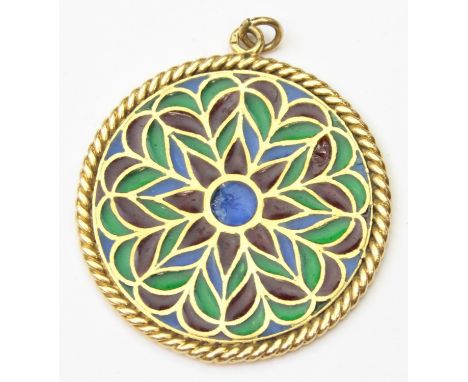 An antique 18ct gold and plique-á-jour enamel pendant designed as a French Gothic rose stained glass window with rope twist b