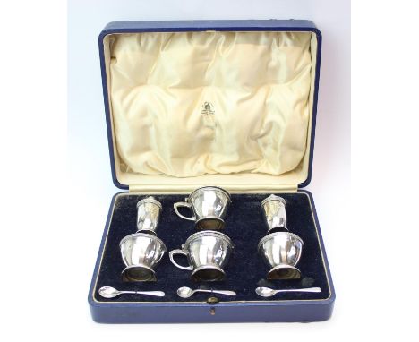 [245.71g] - an Art Deco period six piece silver cruet set by Mappin &amp; Webb, two each of mustard, salt and pepper pots, ea