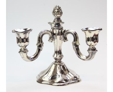 An unusual three branch Sterling silver candelabra, marked Sterling 925 and XRF confirmed, likely American, 19cm tall, 504.34