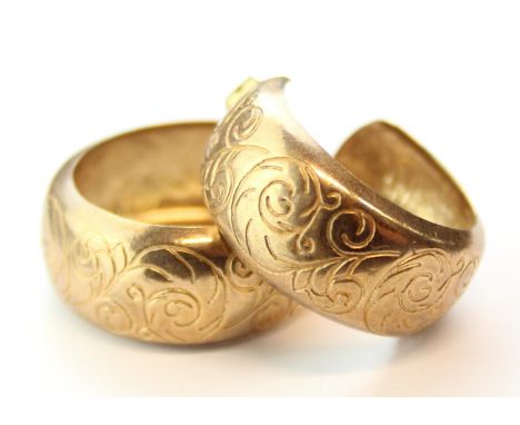 [4.42g] - a pair of decorative 9ct gold hoop earrings with embossed scroll decoration, indistinctly marked to posts and XRF c