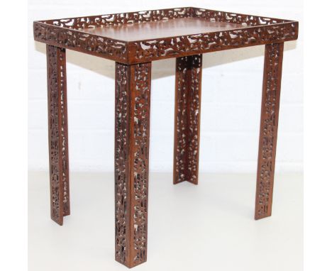A vintage Chinese Chippendale style mahogany side table with pierced gallery and supports, 20th century, 41cm x 28cm x 41cm