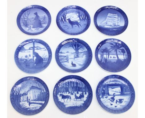 Nine assorted Royal Copenhagen blue and white porcelain Christmas plates, 1950's-1970's, each 18cm [9]