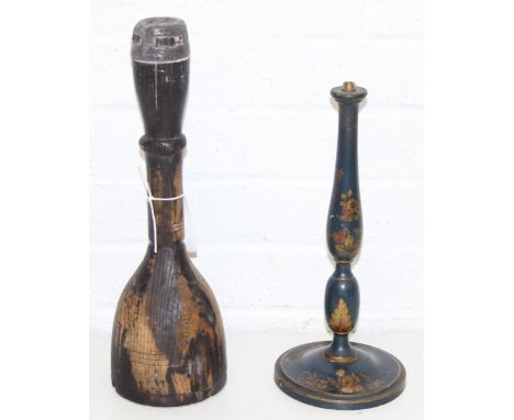 An interesting wooden candlestick possibly Ash, believed to be Georgian, with lead lined candle holder and lead weighted base