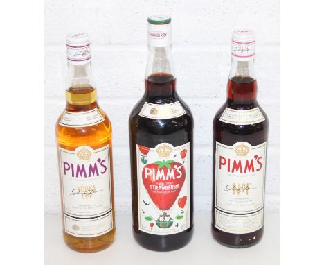 Three sealed Bottles of Pimm's fruit cups to include discontinued Pimm's Vodka Cup (No. 6), Pimm's Strawberry and Pimm's No. 