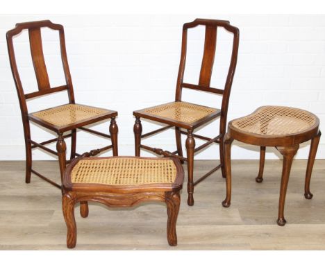 Four pieces of Bergere seated furniture to inc a pair of bedroom chairs and two stools of different designs, each chair 87cm 
