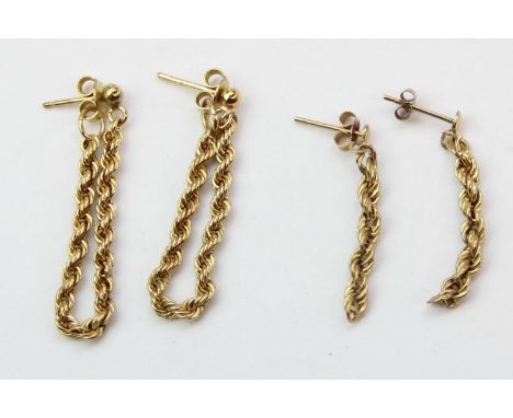 [2.19g] - two pairs of 9ct gold rope twist chain earrings, stud fittings, the larger pair marked 375 and both pairs XRF confi