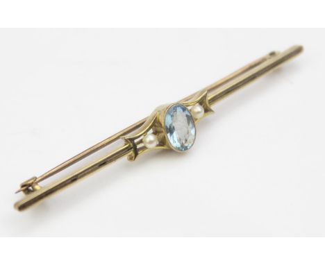 [3.83g] - an antique Secessionist Art Nouveau 15ct gold bar brooch set with aquamarine and seed pearl, unmarked but XRF confi