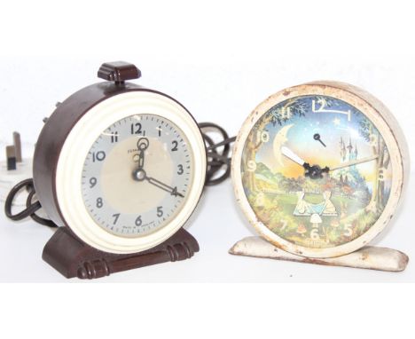 2 vintage bedside alarm clocks to incl an Art Deco Bakelite Ferranti example, tallest 13cm