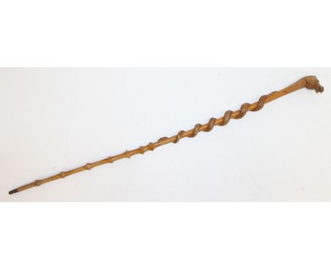 Vintage folk art carved walking stick with snake design and horse head handle, 93cm