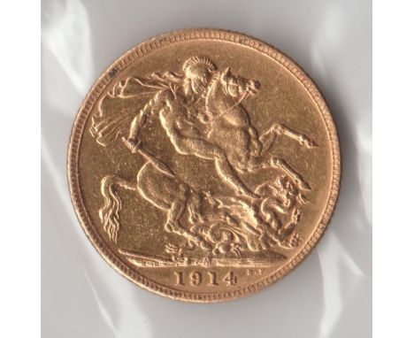 British Gold Coins - George V (1910-1936) - 1914 gold full sovereign coin, Melbourne Mint, lower mintage of 2,012,029