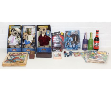 Qty of vintage and later toys and collectables to incl Dr Who comic books, Compare the Market Meerkats plushies, dominoes, ta